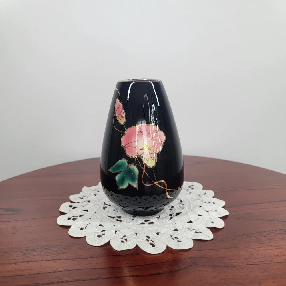 Vintage Andre R. Otagiri Black Bud Vase Crimson Rose Gold Trim Made in Japan